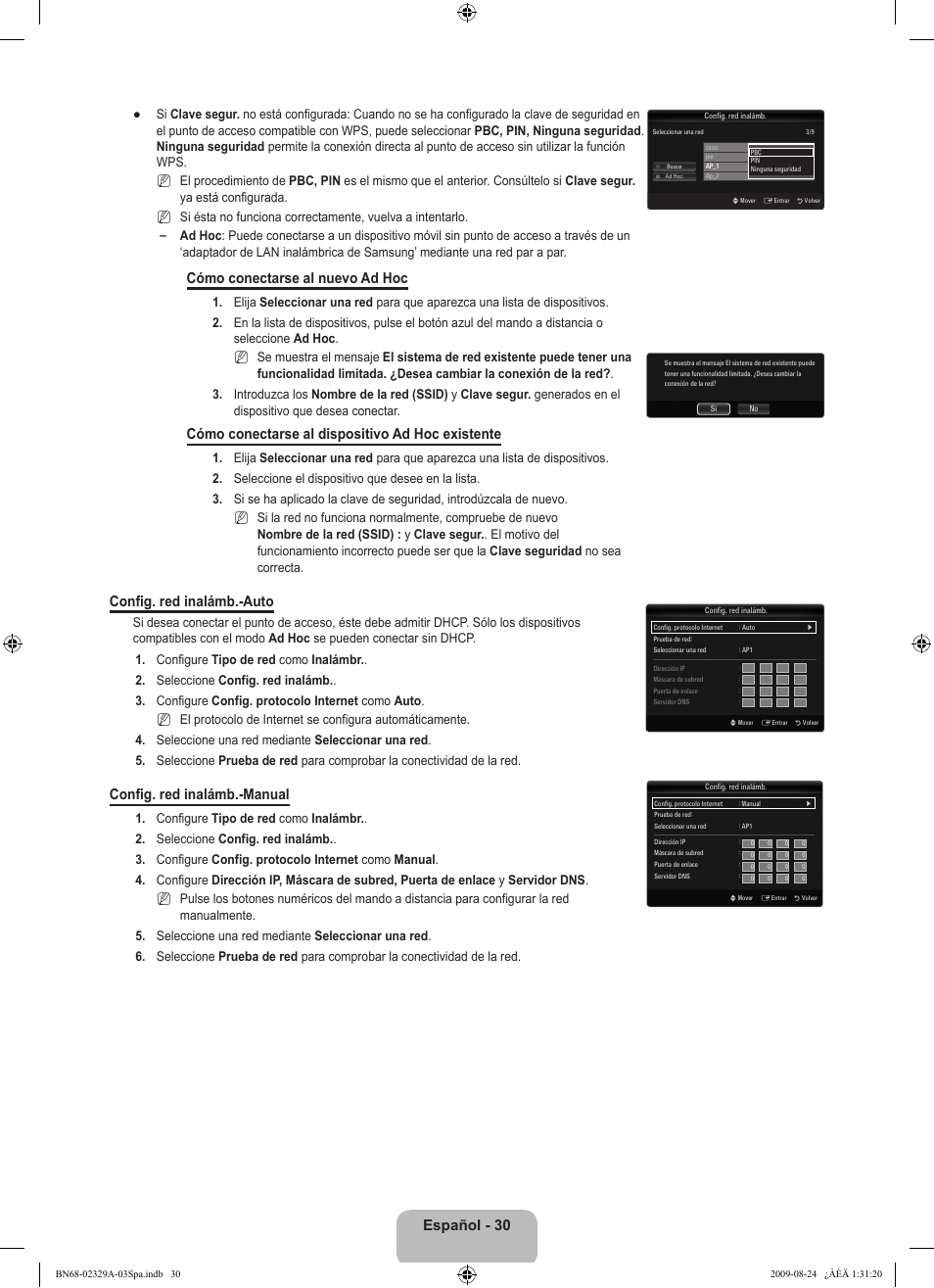 Español - 30, Cómo conectarse al nuevo ad hoc, Cómo conectarse al dispositivo ad hoc existente | Config. red inalámb.-auto, Config. red inalámb.-manual | Samsung UE40B7020WW User Manual | Page 424 / 704