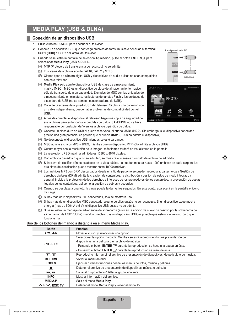 Media play (usb & dlna), Conexión de un dispositivo usb, Photo | Samsung UE40B7020WW User Manual | Page 428 / 704