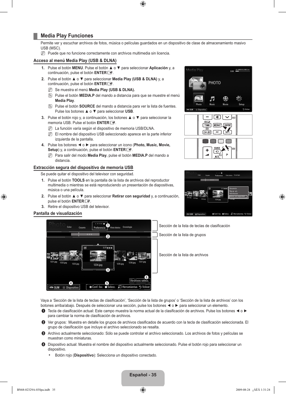 Media play funciones, Español - 35, Acceso al menú media play (usb & dlna) | Pantalla de visualización | Samsung UE40B7020WW User Manual | Page 429 / 704