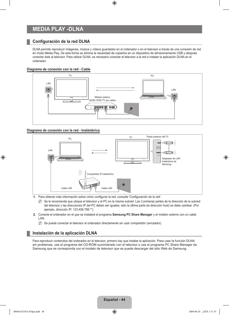 Media play -dlna, Configuración de la red dlna, Instalación de la aplicación dlna | Samsung UE40B7020WW User Manual | Page 438 / 704