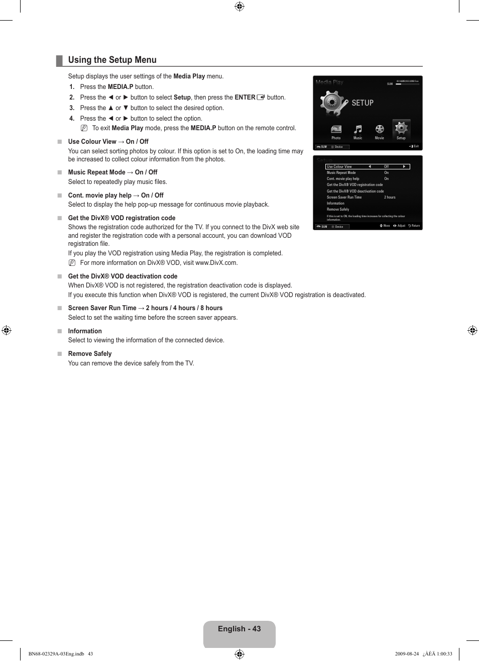 Using the setup menu, Setup, English - 43 | Samsung UE40B7020WW User Manual | Page 45 / 704