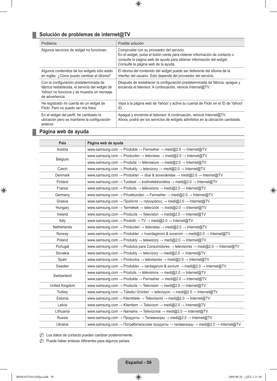 Solución de problemas de internet@tv, Página web de ayuda | Samsung UE40B7020WW User Manual | Page 453 / 704