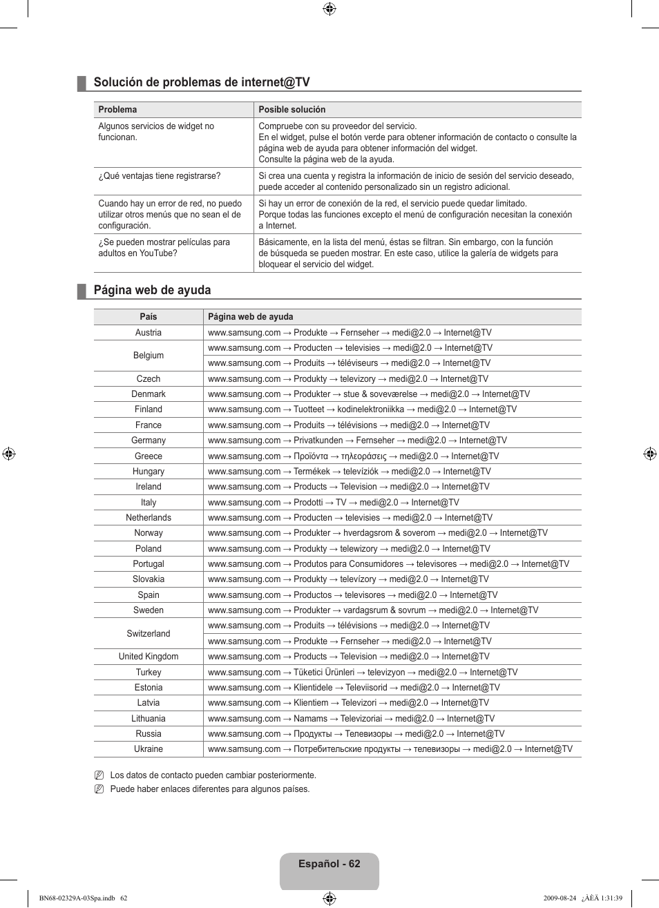 Solución de problemas de internet@tv, Página web de ayuda | Samsung UE40B7020WW User Manual | Page 456 / 704