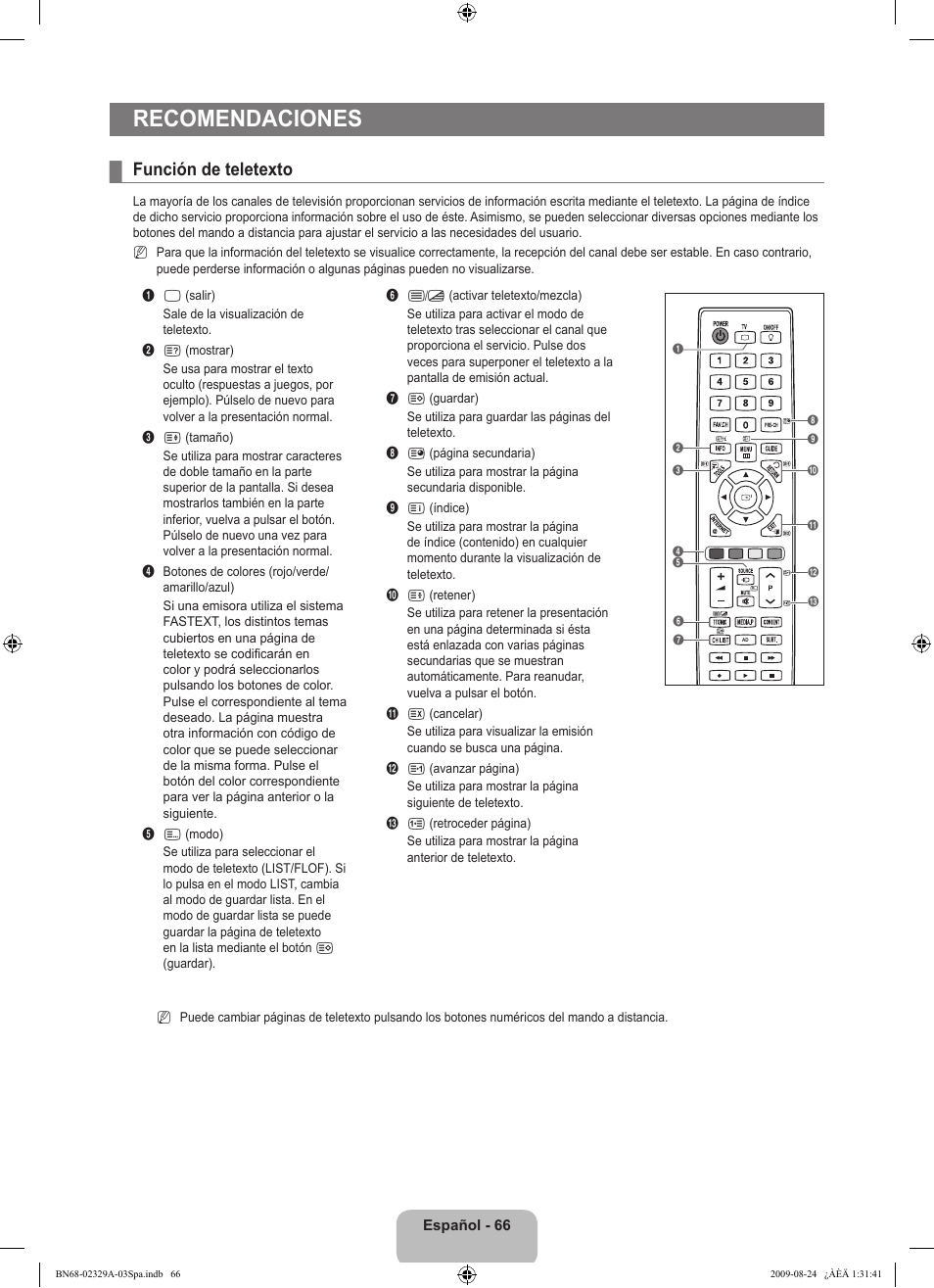 Recomendaciones, Función de teletexto | Samsung UE40B7020WW User Manual | Page 460 / 704