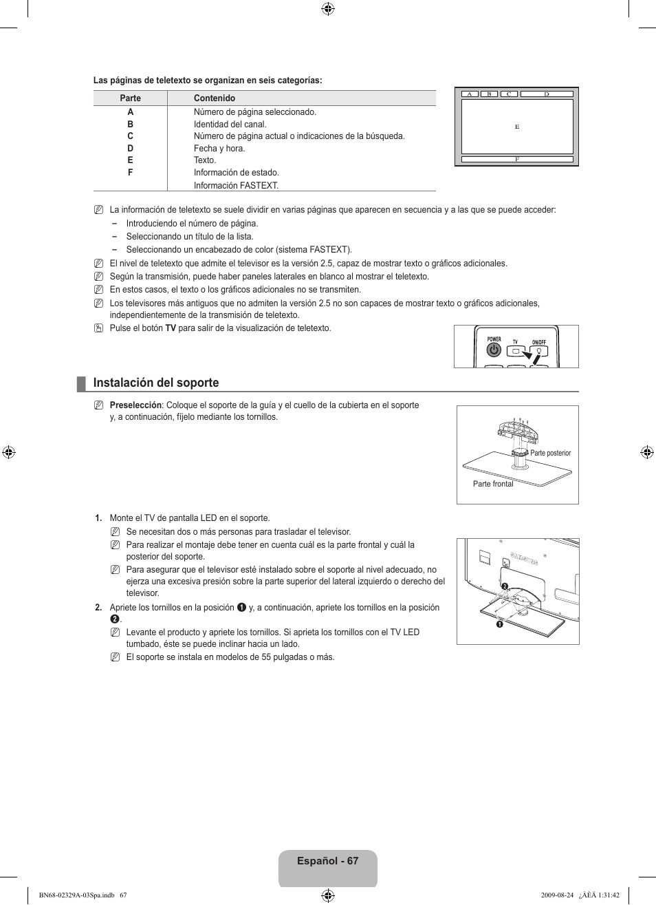 Instalación del soporte | Samsung UE40B7020WW User Manual | Page 461 / 704