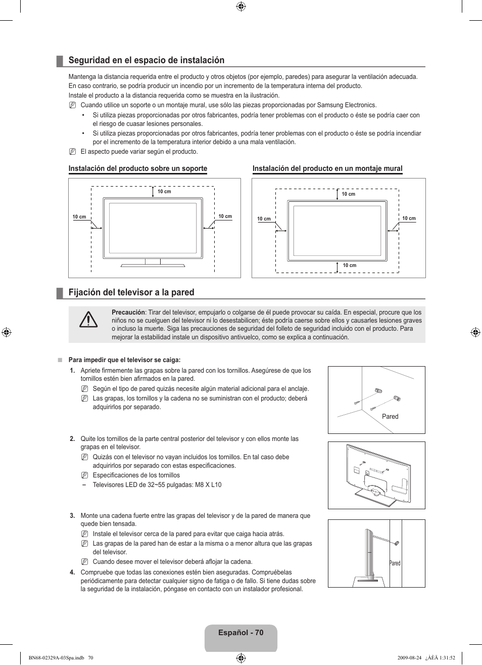 Seguridad en el espacio de instalación, Fijación del televisor a la pared | Samsung UE40B7020WW User Manual | Page 464 / 704