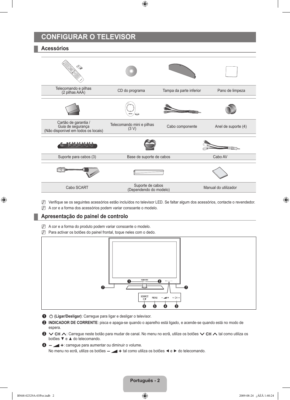 Configurar o televisor, Acessórios, Apresentação do painel de controlo | Samsung UE40B7020WW User Manual | Page 472 / 704