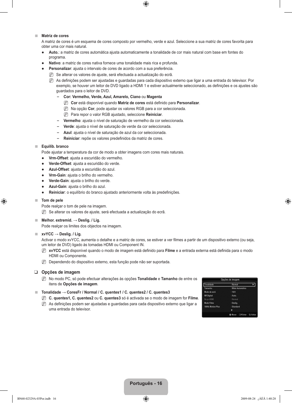 Português - 16, Opções de imagem | Samsung UE40B7020WW User Manual | Page 486 / 704