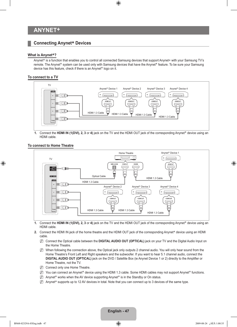Anynet, Connecting anynet+ devices | Samsung UE40B7020WW User Manual | Page 49 / 704