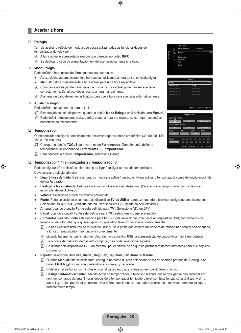 Acertar a hora, Português - 25, Relógio | Temporizador, Temporizador 1 / temporizador 2 / temporizador 3 | Samsung UE40B7020WW User Manual | Page 495 / 704