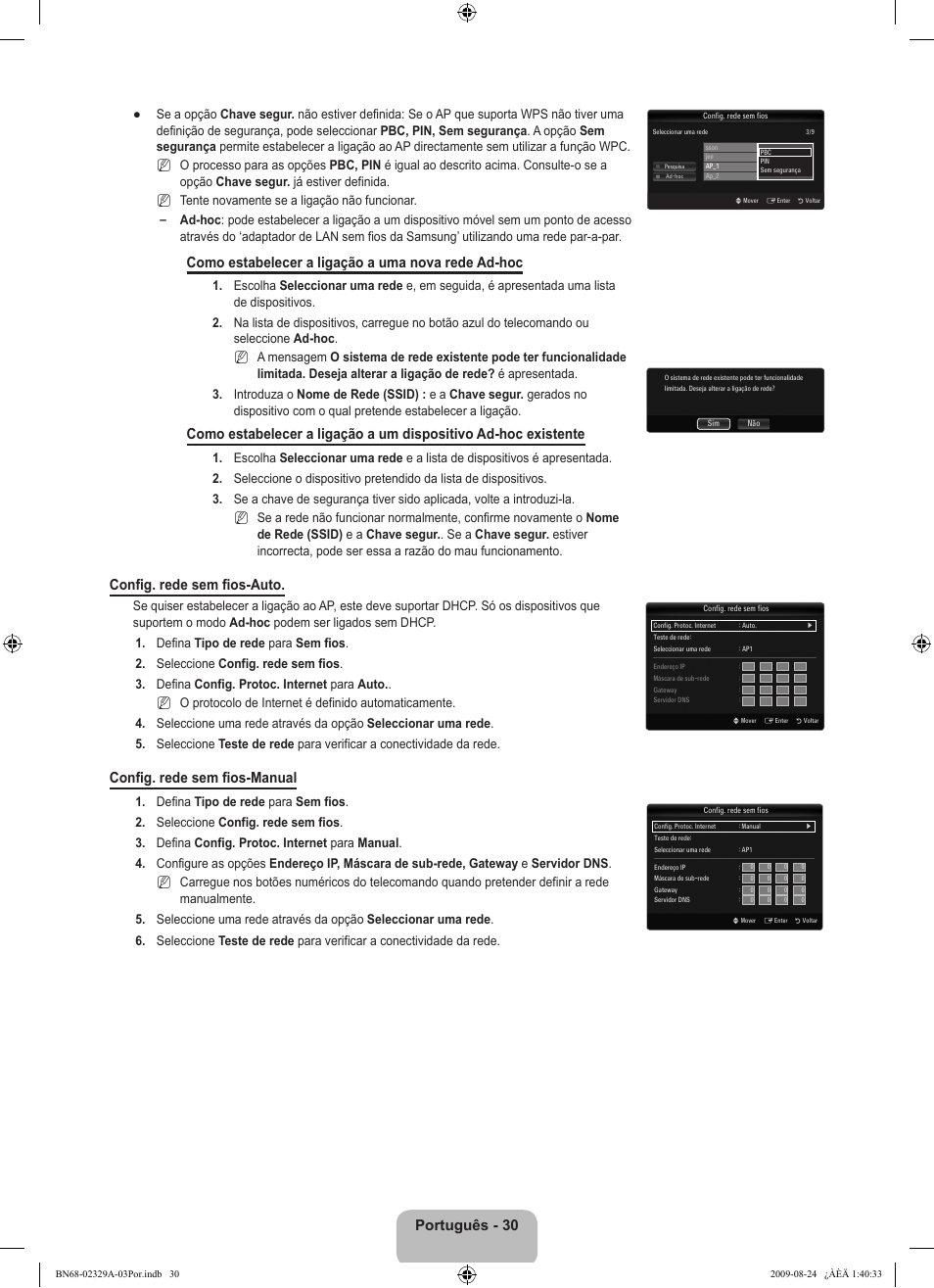 Português - 30, Como estabelecer a ligação a uma nova rede ad-hoc, Config. rede sem fios-auto | Config. rede sem fios-manual | Samsung UE40B7020WW User Manual | Page 500 / 704