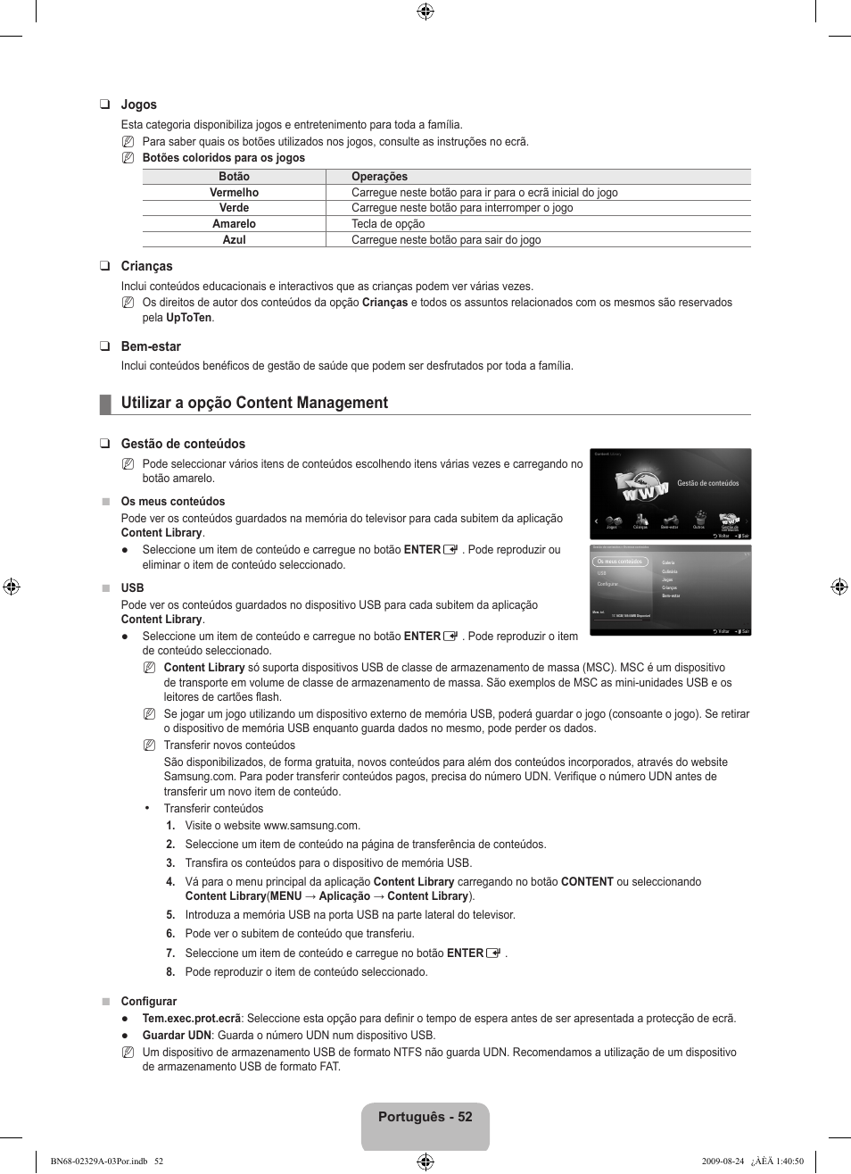 Utilizar a opção content management, Português - 52 jogos, Crianças | Bem-estar, Gestão de conteúdos | Samsung UE40B7020WW User Manual | Page 522 / 704