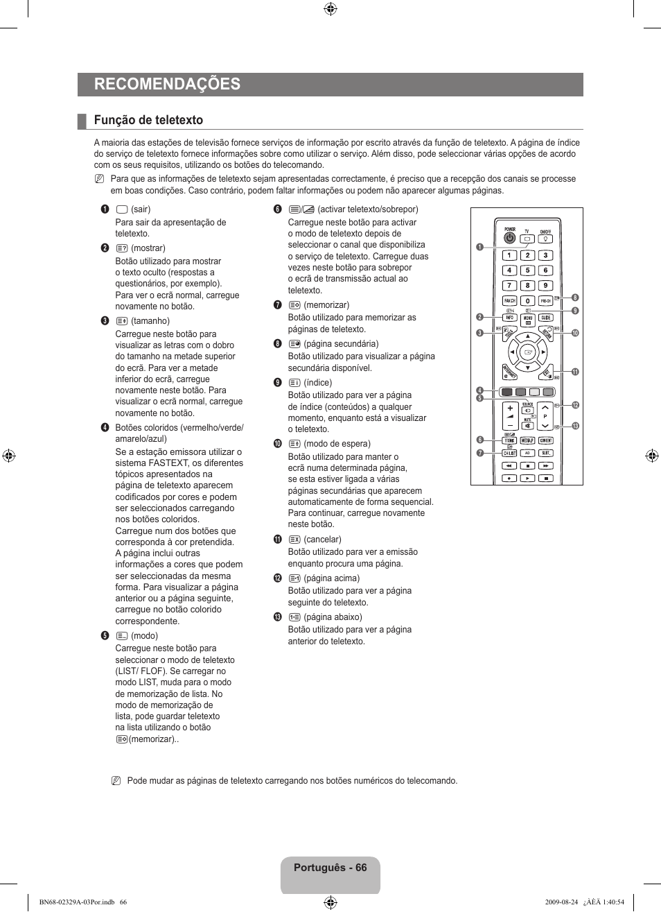 Recomendações, Função de teletexto | Samsung UE40B7020WW User Manual | Page 536 / 704