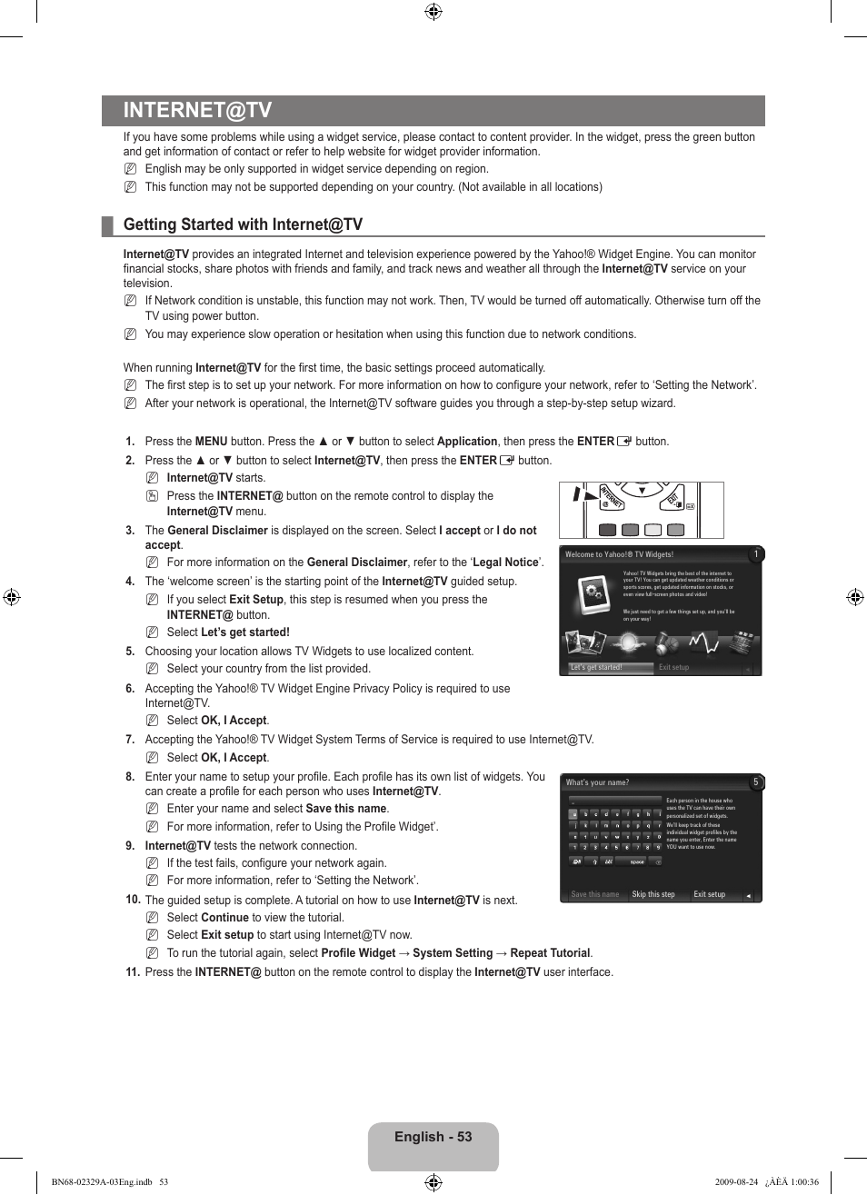 Internet@tv, Getting started with internet@tv | Samsung UE40B7020WW User Manual | Page 55 / 704