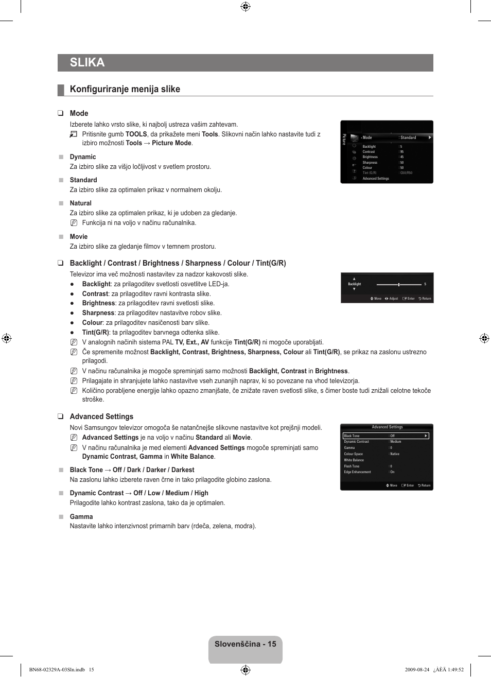Slika, Konfiguriranje menija slike, Slovenščina | Mode, Advanced settings | Samsung UE40B7020WW User Manual | Page 561 / 704