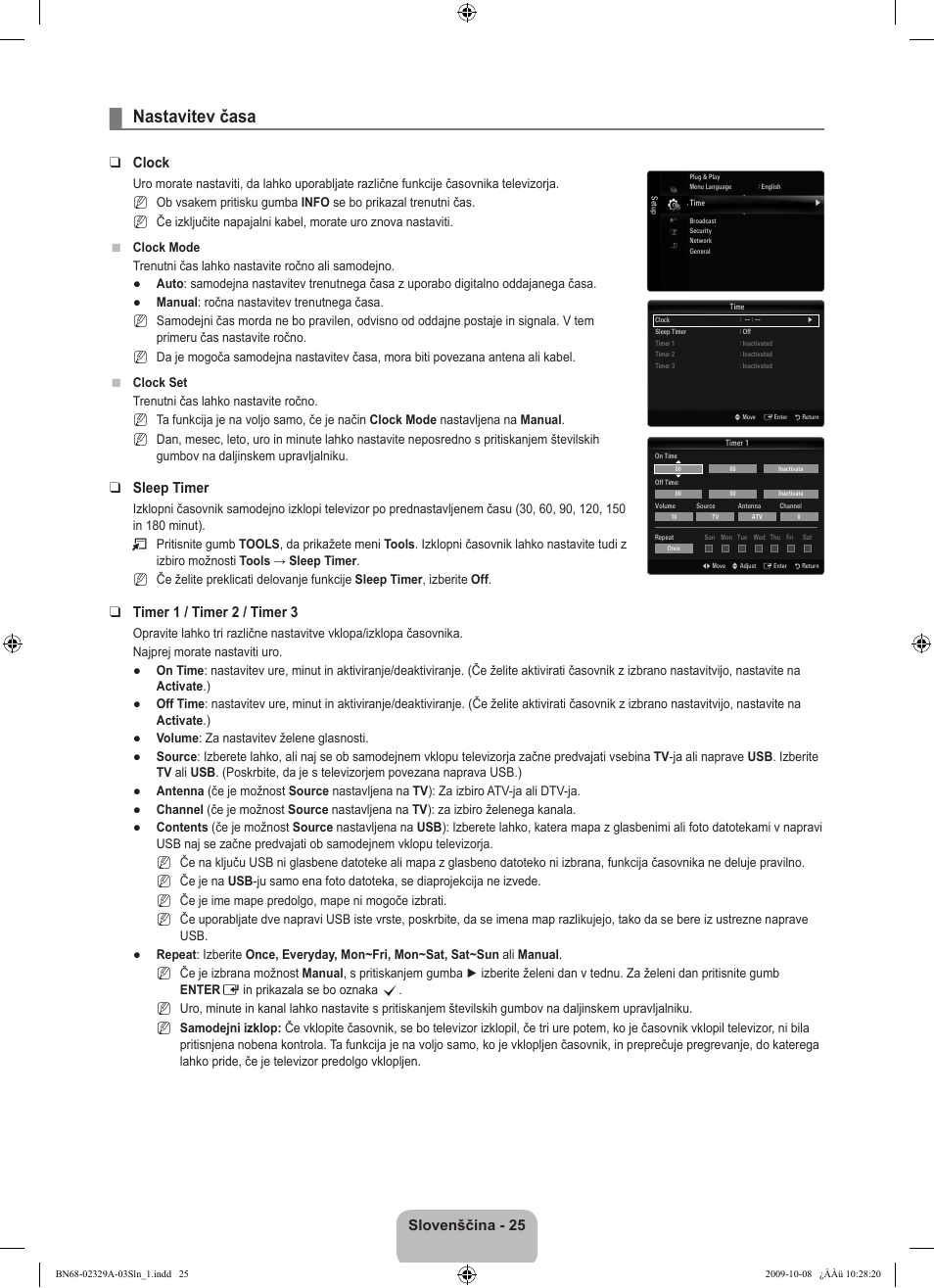 Nastavitev časa, Slovenščina - 25, Clock | Sleep timer, Timer 1 / timer 2 / timer 3 | Samsung UE40B7020WW User Manual | Page 571 / 704