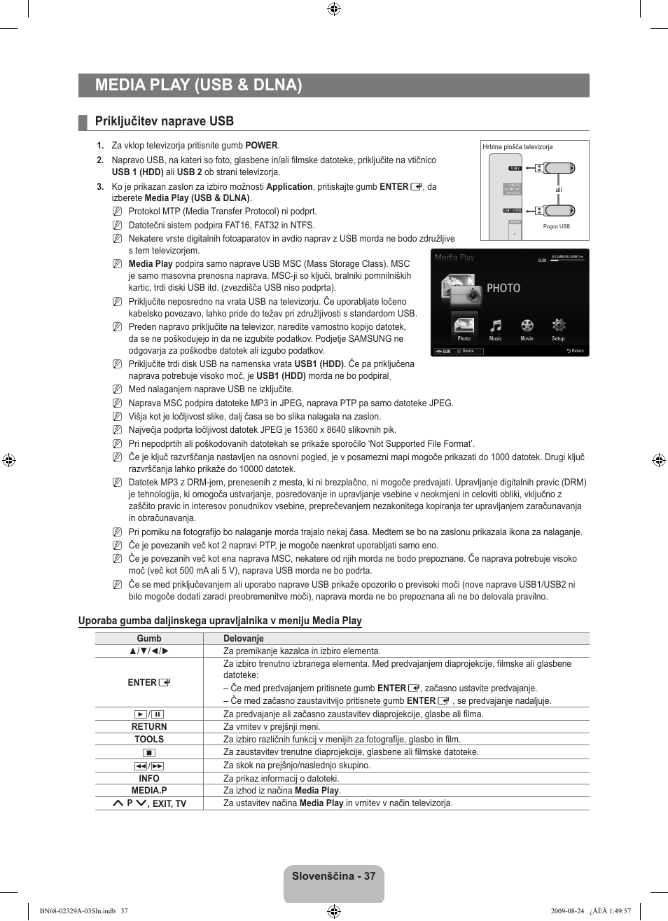 Media play (usb & dlna), Priključitev naprave usb, Photo | Samsung UE40B7020WW User Manual | Page 580 / 704