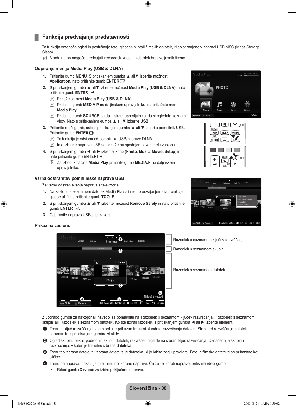 Funkcija predvajanja predstavnosti, Slovenščina, Odpiranje menija media play (usb & dlna) | Varna odstranitev pomnilniške naprave usb, Prikaz na zaslonu | Samsung UE40B7020WW User Manual | Page 581 / 704