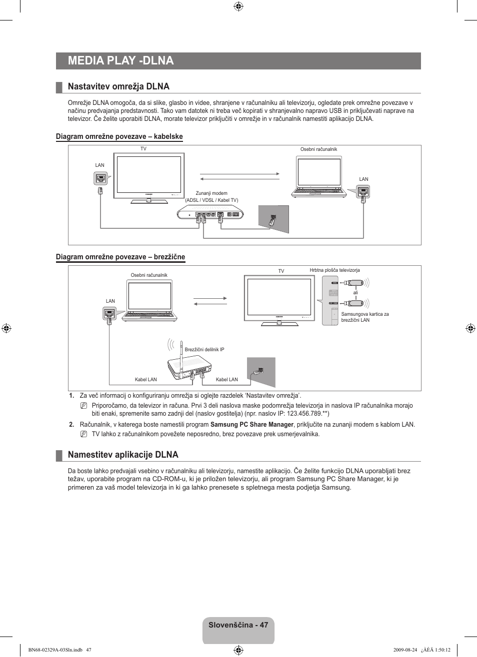 Media play -dlna, Nastavitev omrežja dlna, Namestitev aplikacije dlna | Samsung UE40B7020WW User Manual | Page 590 / 704