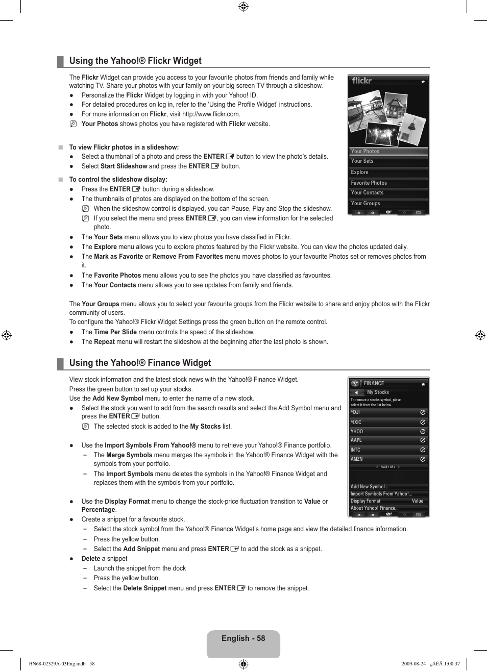 Using the yahoo!® flickr widget, Using the yahoo!® finance widget | Samsung UE40B7020WW User Manual | Page 60 / 704