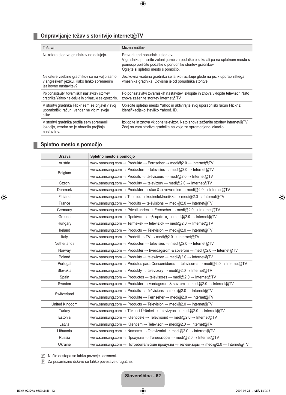 Odpravljanje težav s storitvijo internet@tv, Spletno mesto s pomočjo | Samsung UE40B7020WW User Manual | Page 605 / 704