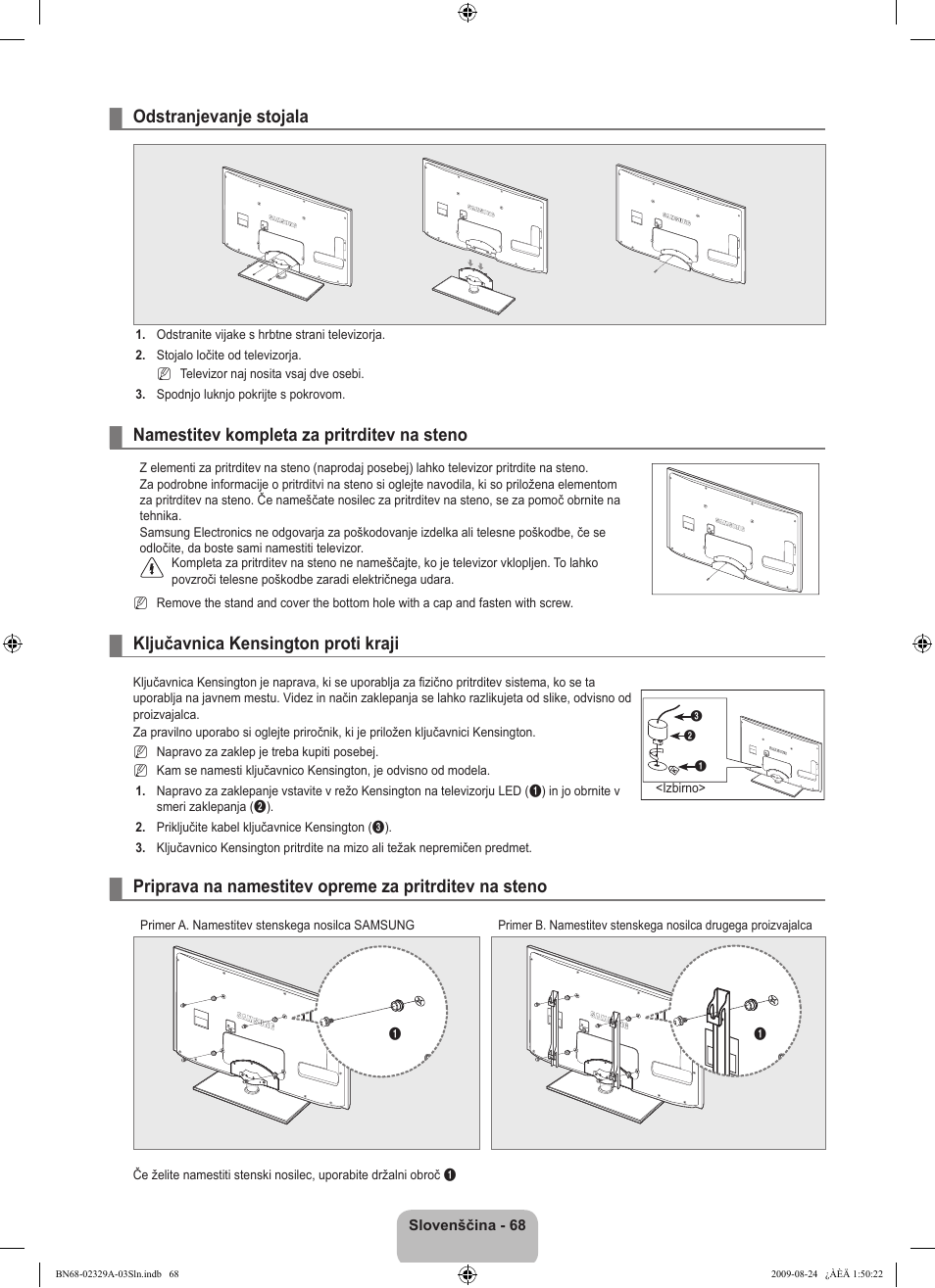 Odstranjevanje stojala, Namestitev kompleta za pritrditev na steno, Ključavnica kensington proti kraji | Samsung UE40B7020WW User Manual | Page 614 / 704