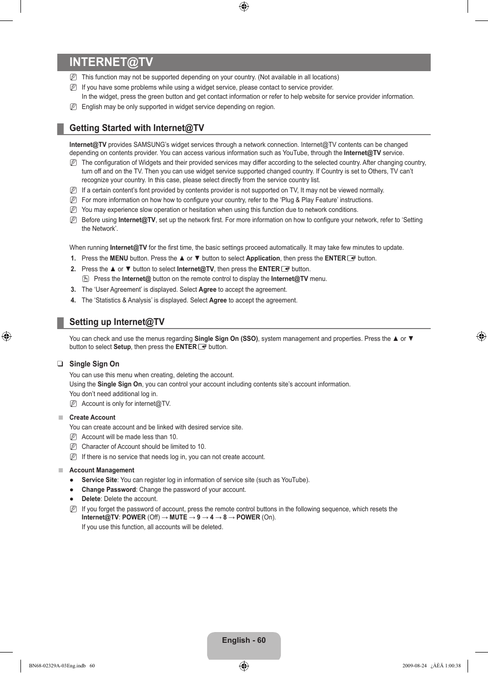 Internet@tv, Getting started with internet@tv, Setting up internet@tv | Samsung UE40B7020WW User Manual | Page 62 / 704