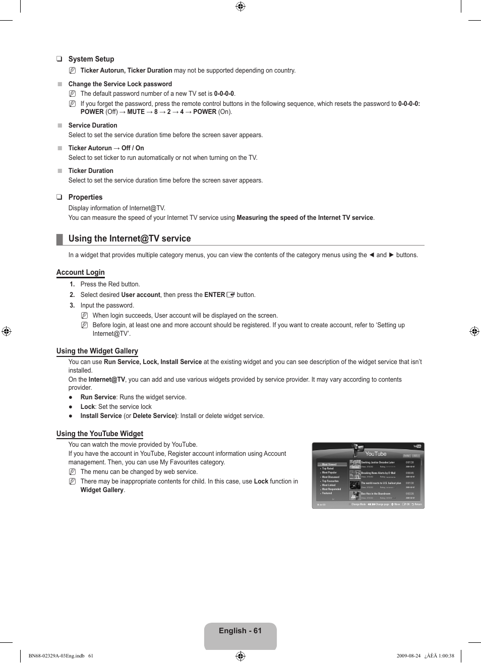 Using the internet@tv service, English - 61 system setup, Properties | Account login, Using the widget gallery, Using the youtube widget | Samsung UE40B7020WW User Manual | Page 63 / 704