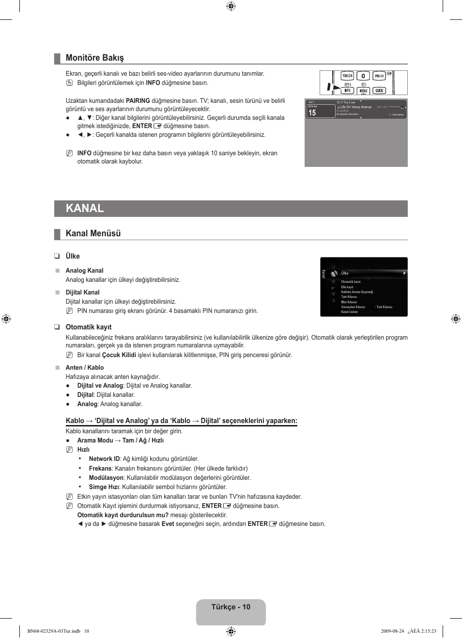 Kanal, Monitöre bakış, Kanal menüsü | Samsung UE40B7020WW User Manual | Page 632 / 704