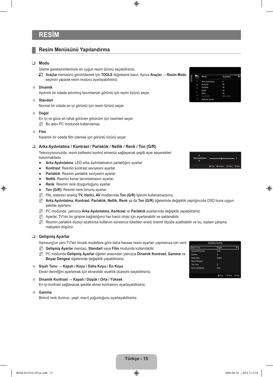 Resim, Resim menüsünü yapılandırma, Türkçe - 15 | Modu, Gelişmiş ayarlar | Samsung UE40B7020WW User Manual | Page 637 / 704