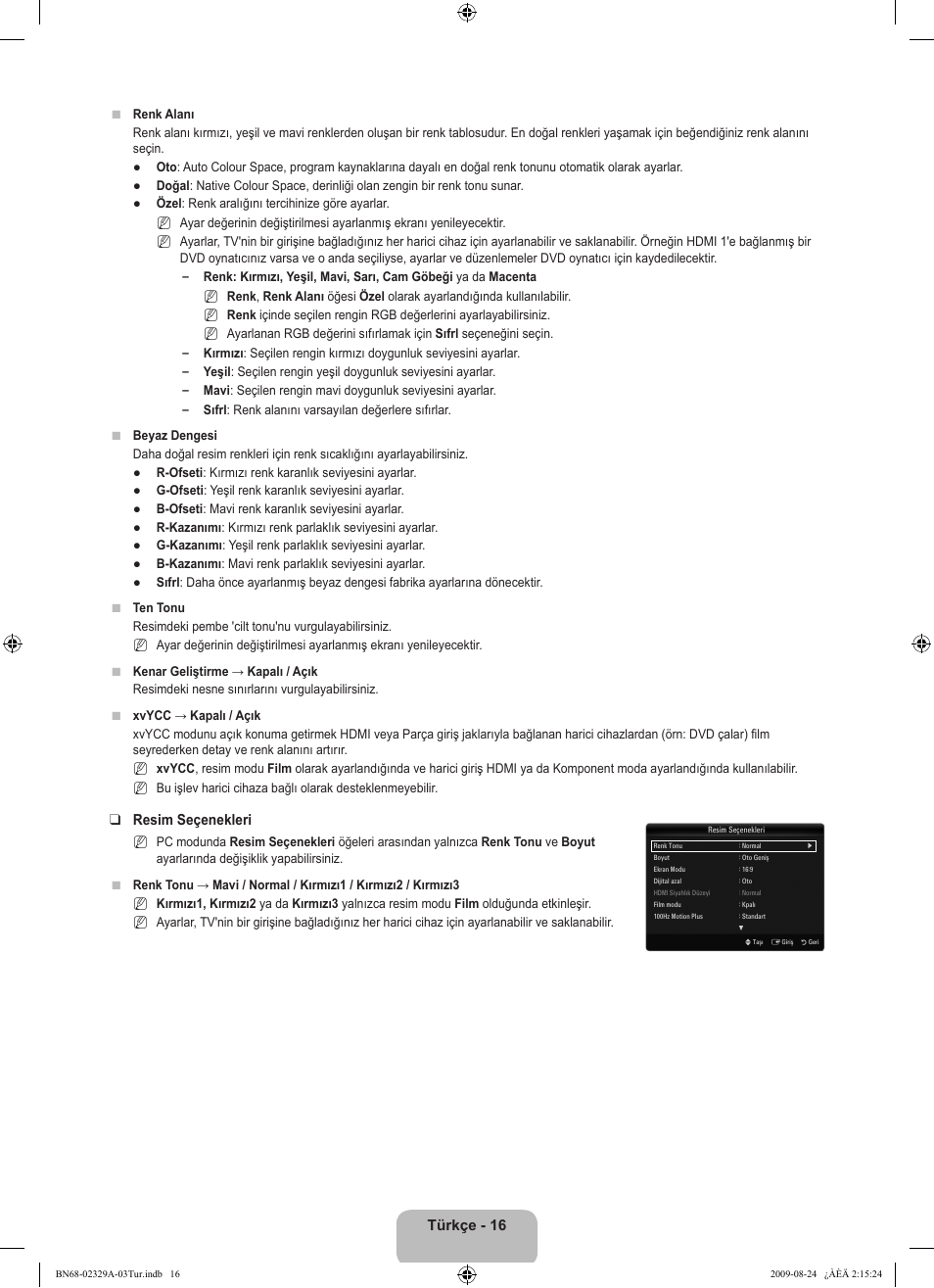Türkçe - 16, Resim seçenekleri | Samsung UE40B7020WW User Manual | Page 638 / 704