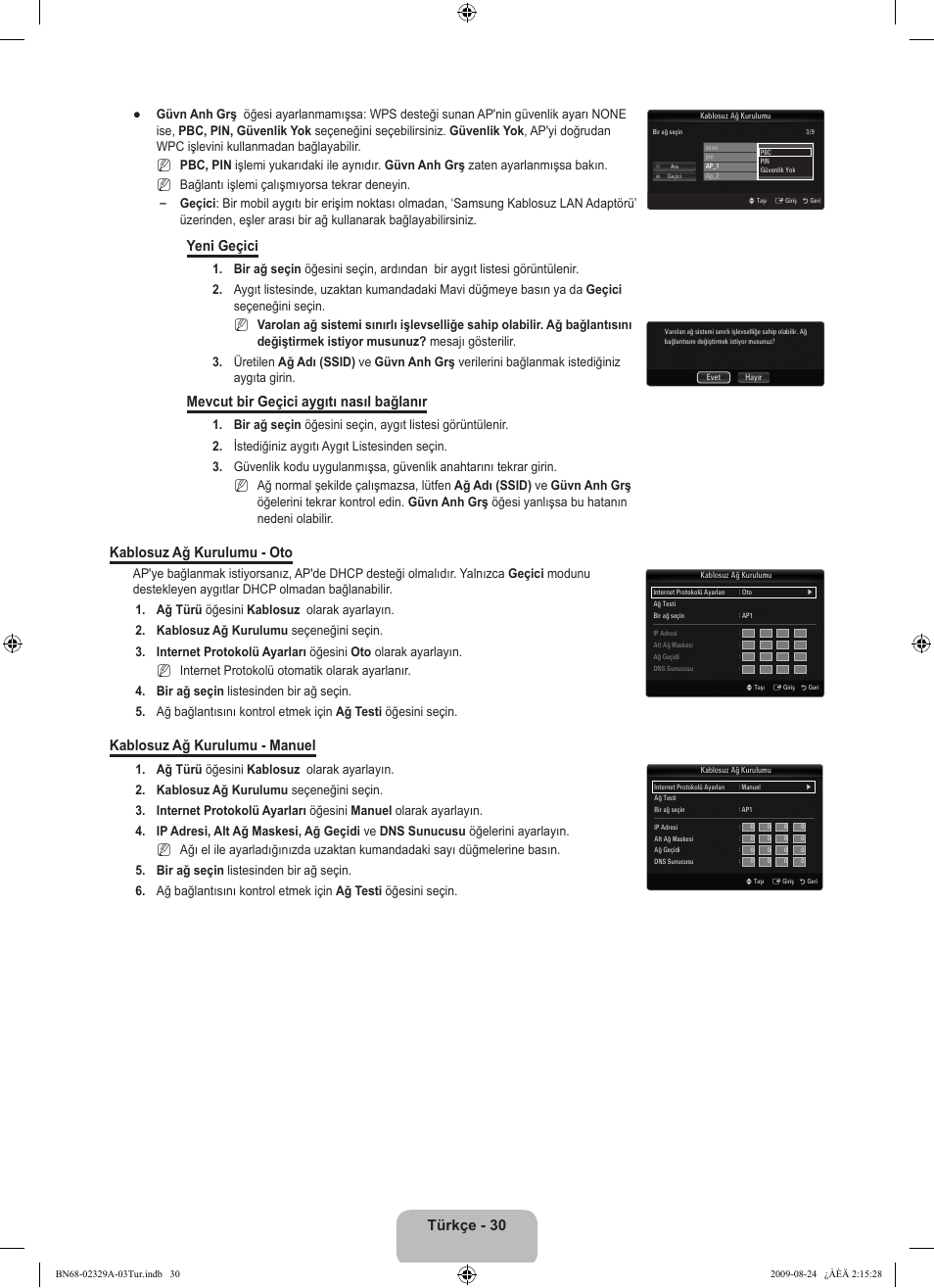 Türkçe - 30, Yeni geçici, Mevcut bir geçici aygıtı nasıl bağlanır | Kablosuz ağ kurulumu - oto, Kablosuz ağ kurulumu - manuel | Samsung UE40B7020WW User Manual | Page 652 / 704