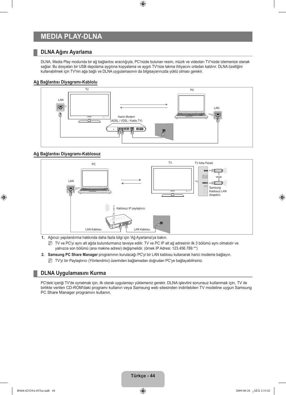 Media play-dlna, Dlna ağını ayarlama, Dlna uygulamasını kurma | Samsung UE40B7020WW User Manual | Page 666 / 704