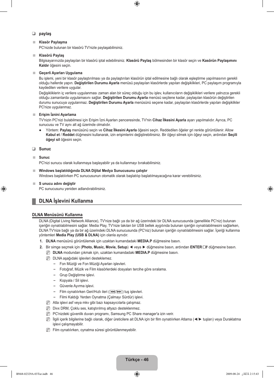 Dlna işlevini kullanma | Samsung UE40B7020WW User Manual | Page 668 / 704