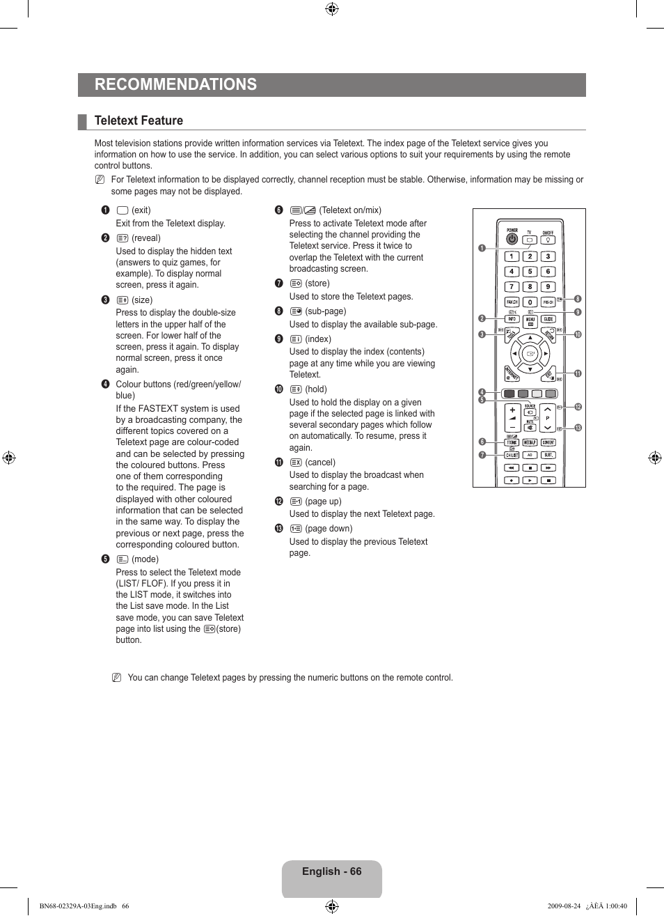 Recommendations, Teletext feature | Samsung UE40B7020WW User Manual | Page 68 / 704