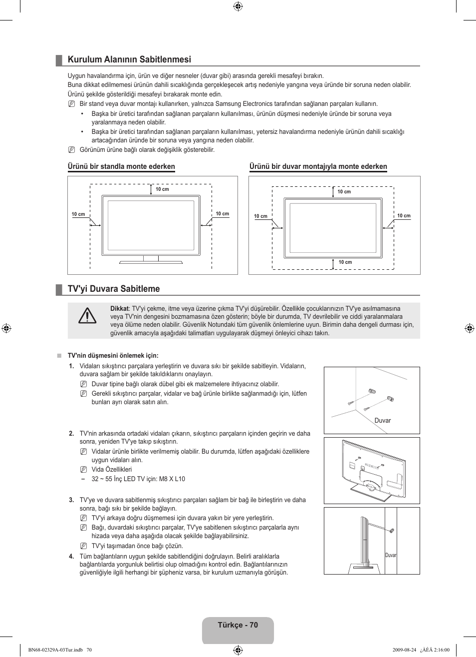 Kurulum alanının sabitlenmesi, Tv'yi duvara sabitleme | Samsung UE40B7020WW User Manual | Page 692 / 704