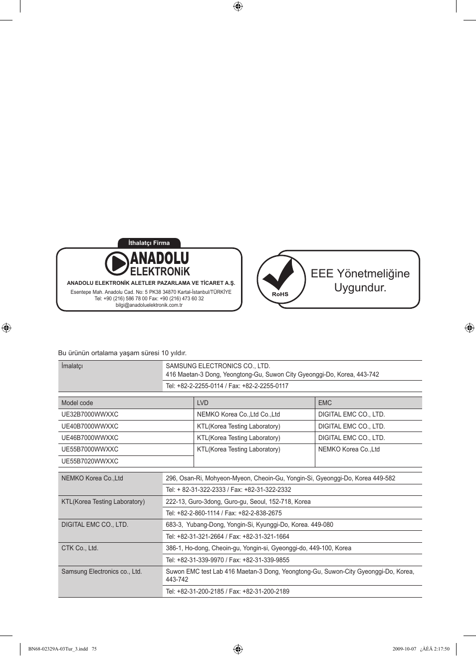 Anadolu, Eee yönetmeliğine uygundur, Elektronik | Samsung UE40B7020WW User Manual | Page 697 / 704