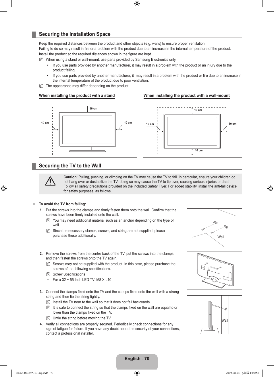 Securing the installation space, Securing the tv to the wall | Samsung UE40B7020WW User Manual | Page 72 / 704