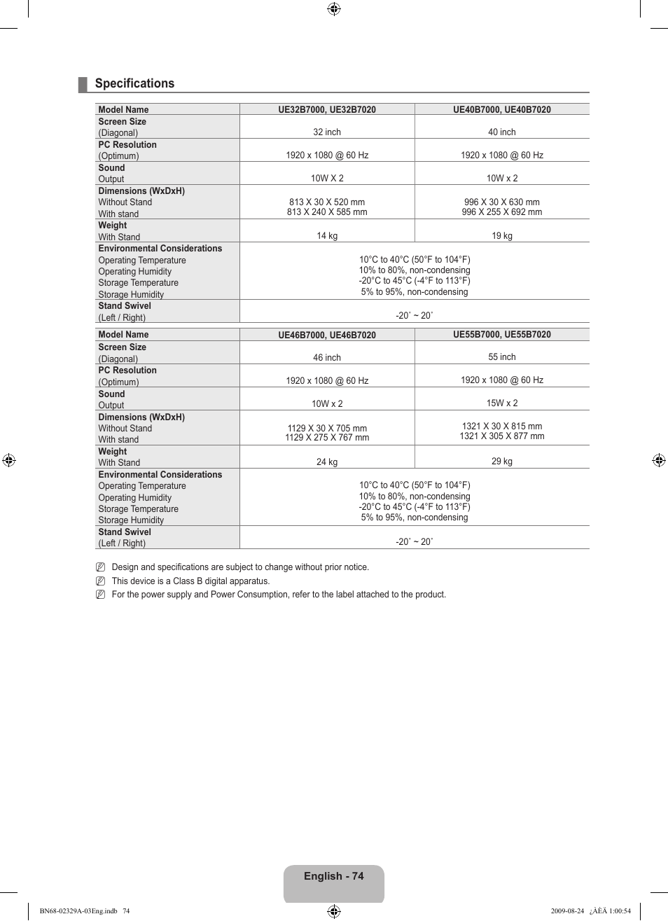 Specifications | Samsung UE40B7020WW User Manual | Page 76 / 704