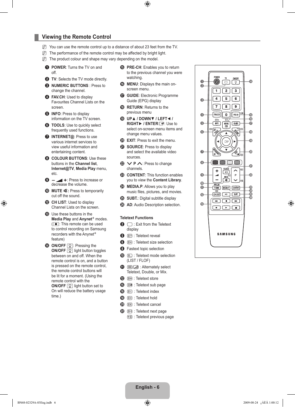 Viewing the remote control | Samsung UE40B7020WW User Manual | Page 8 / 704