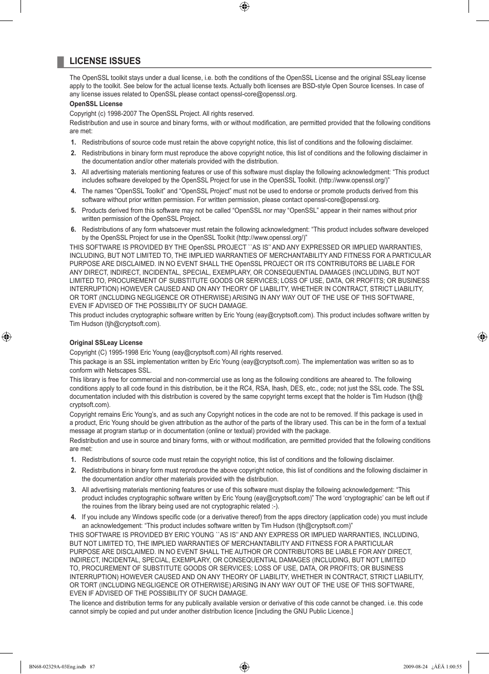 License issues | Samsung UE40B7020WW User Manual | Page 89 / 704