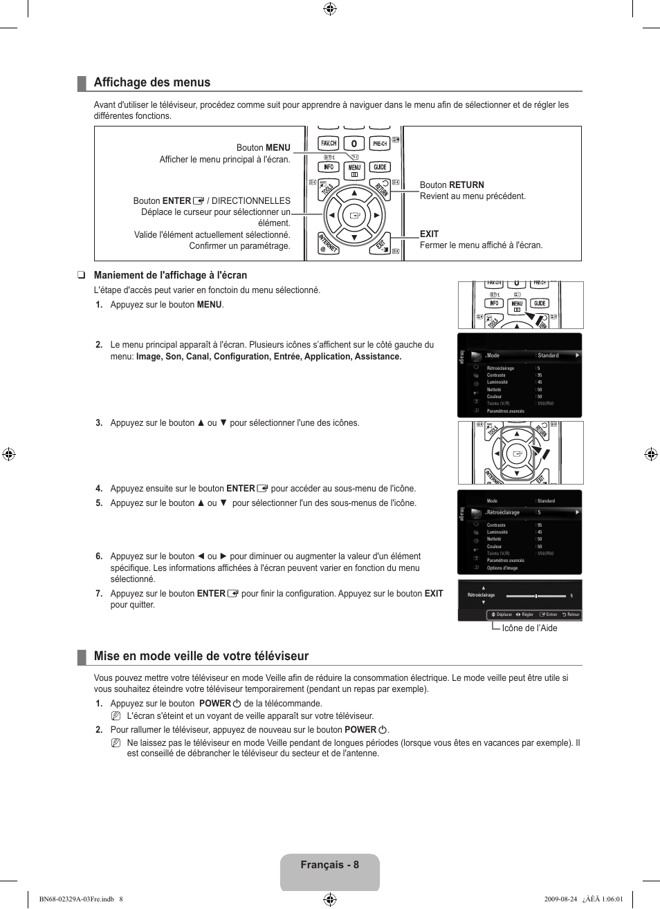 Affichage des menus, Mise en mode veille de votre téléviseur, Français | Maniement de l'affichage à l'écran | Samsung UE40B7020WW User Manual | Page 98 / 704