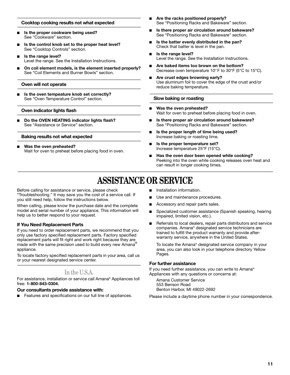 Assistance or service | Amana W10181328B User Manual | Page 11 / 24