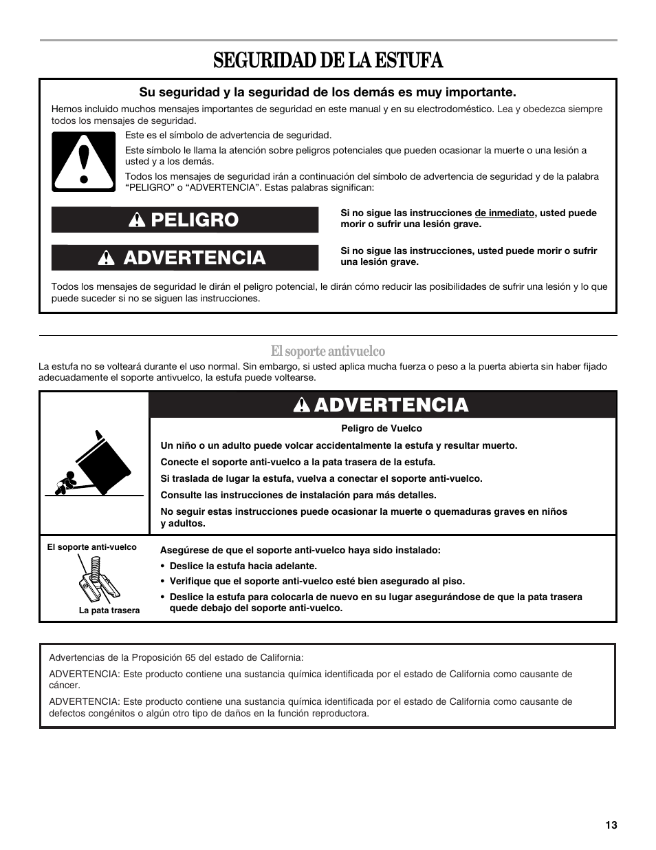 Seguridad de la estufa, Advertencia peligro, Advertencia | El soporte antivuelco | Amana W10181328B User Manual | Page 13 / 24