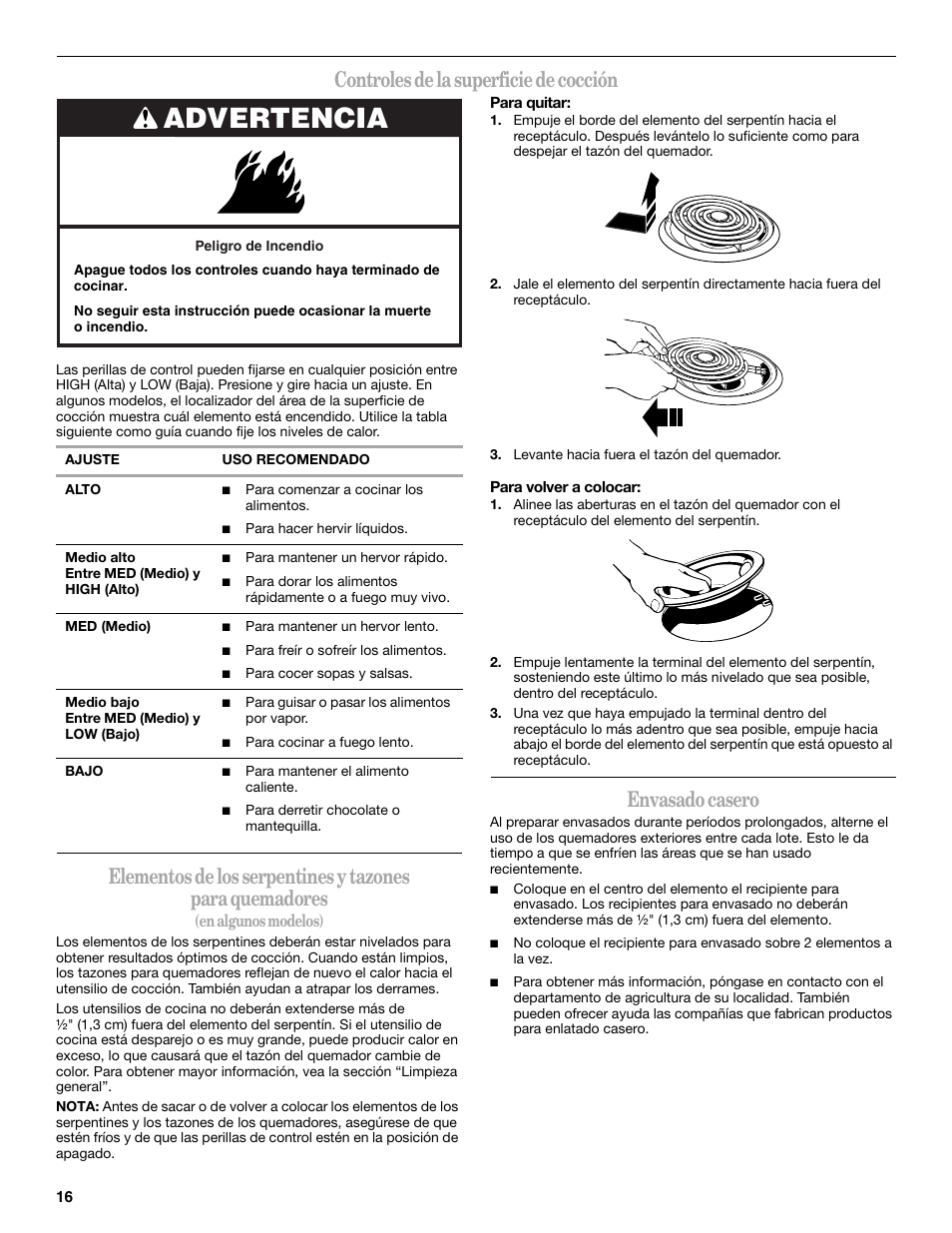 Advertencia, Controles de la superficie de cocción, Envasado casero | Amana W10181328B User Manual | Page 16 / 24
