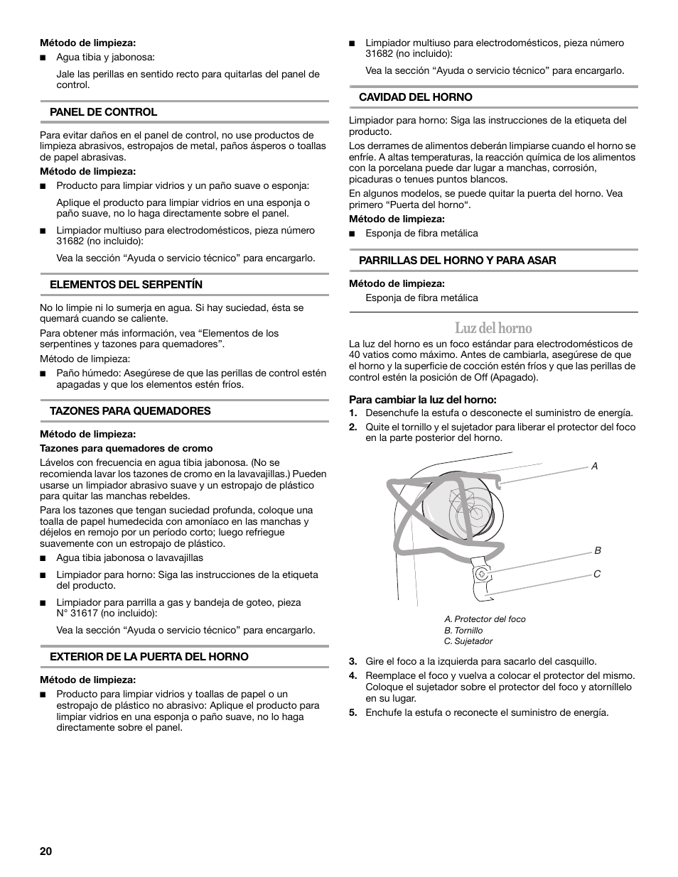 Luz del horno | Amana W10181328B User Manual | Page 20 / 24