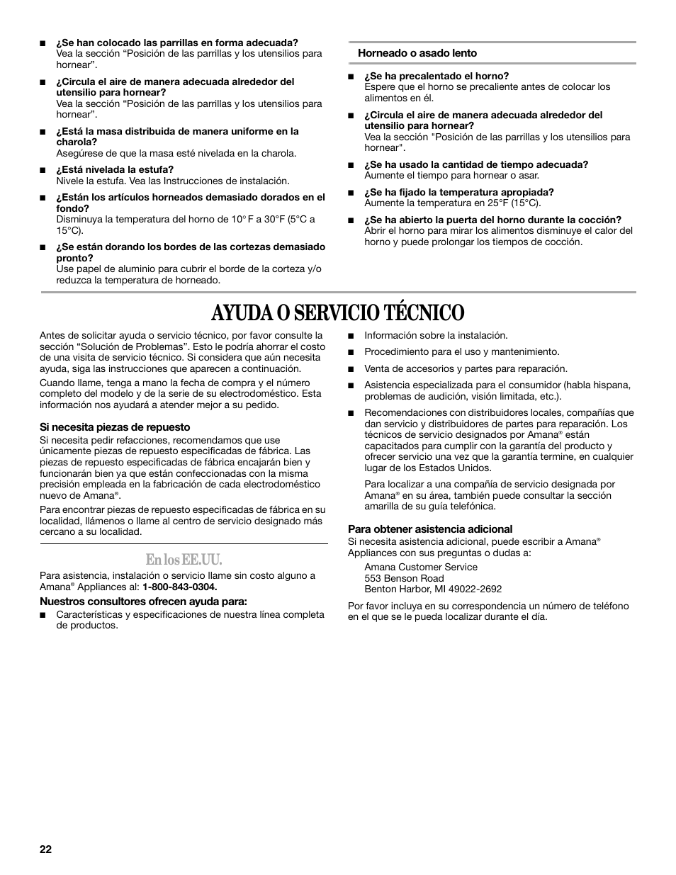 Ayuda o servicio técnico, En los ee.uu | Amana W10181328B User Manual | Page 22 / 24