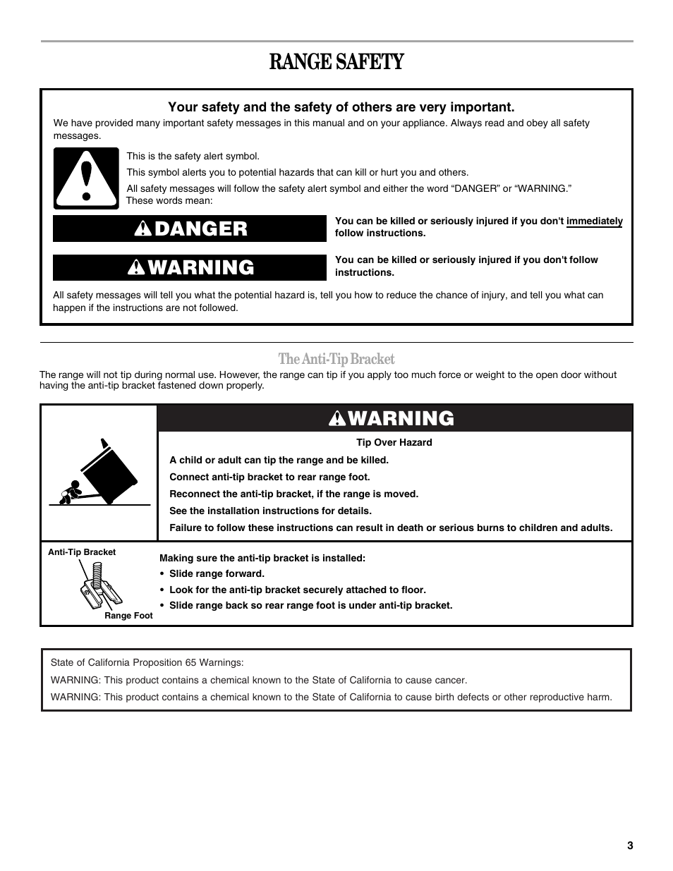 Range safety, Danger warning, Warning | The anti-tip bracket | Amana W10181328B User Manual | Page 3 / 24