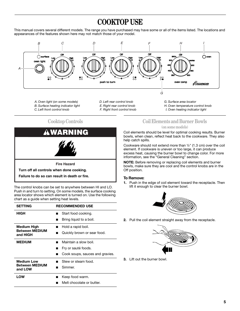 Cooktop use, Warning, Cooktop controls | Coil elements and burner bowls | Amana W10181328B User Manual | Page 5 / 24