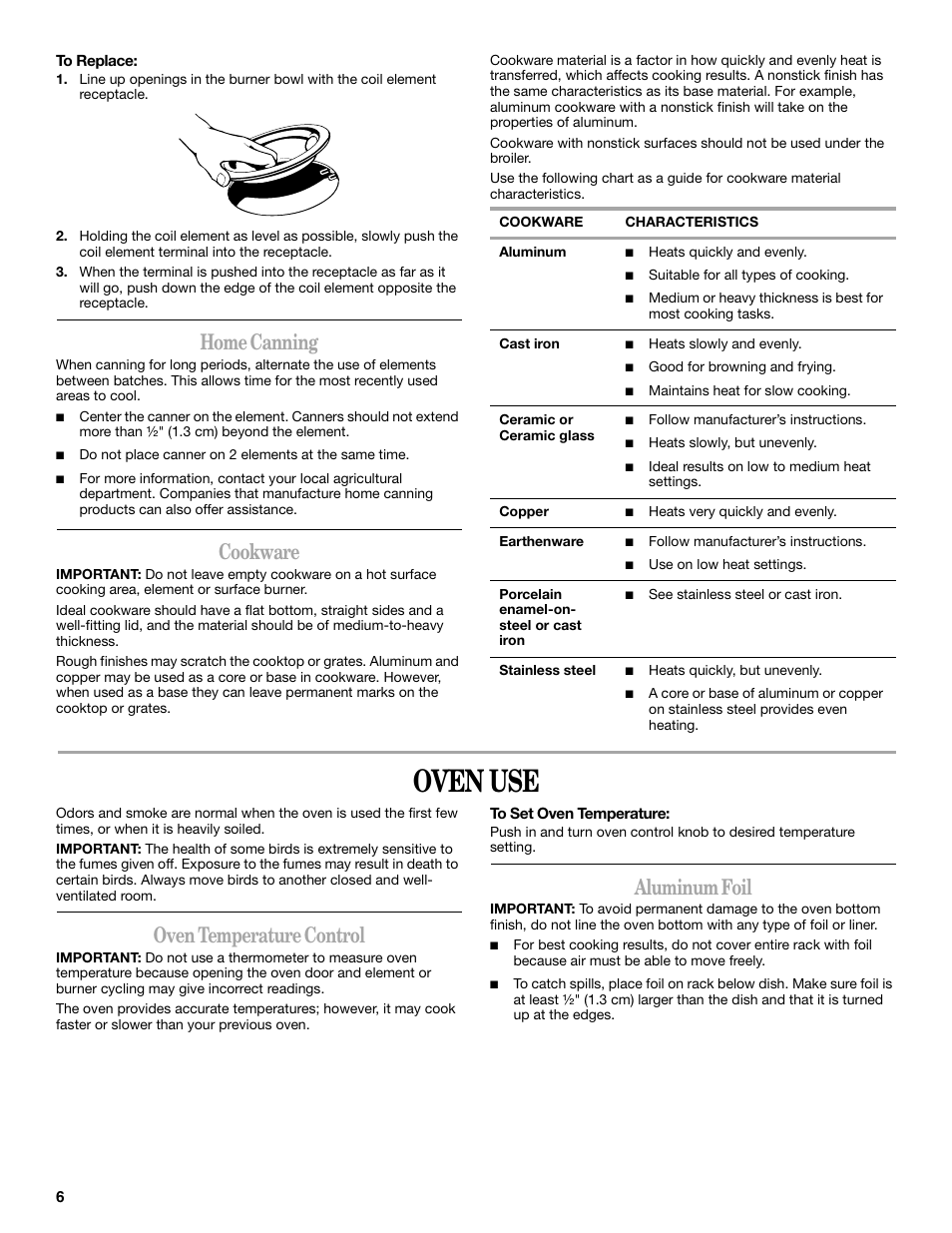 Oven use, Home canning, Cookware | Oven temperature control, Aluminum foil | Amana W10181328B User Manual | Page 6 / 24